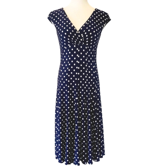🔥Lauren Ralph Lauren Navy Blue/White Polka Dot Sleeveless Vneck Midi Dress SZ 4 - Picture 2 of 10